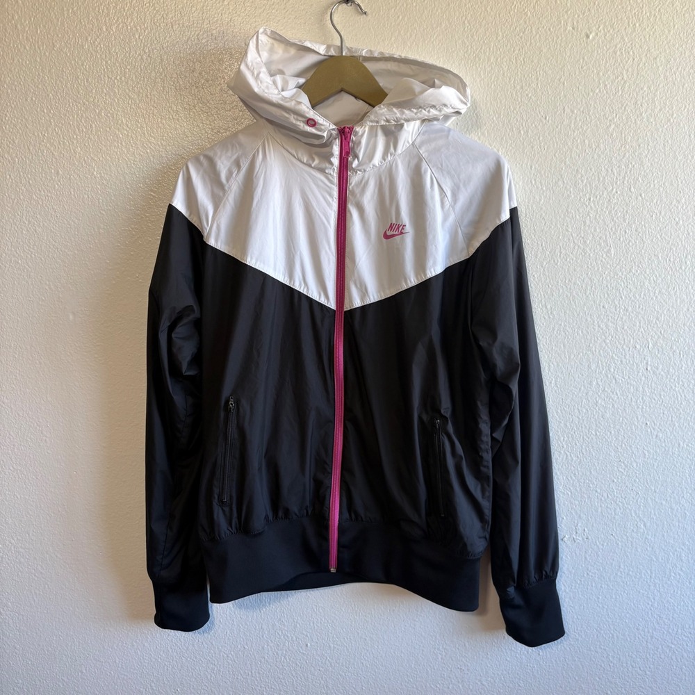 Nike Size Large Black White Pink Colorblock Full Zip Windbreaker Hoodie Sporty